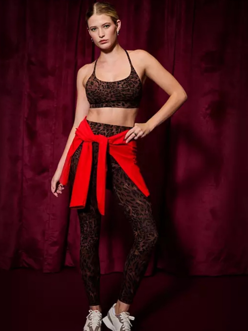 CALIA by Carrie Underwood Red Tie-Waist with Black Leopard Print Leggings & top